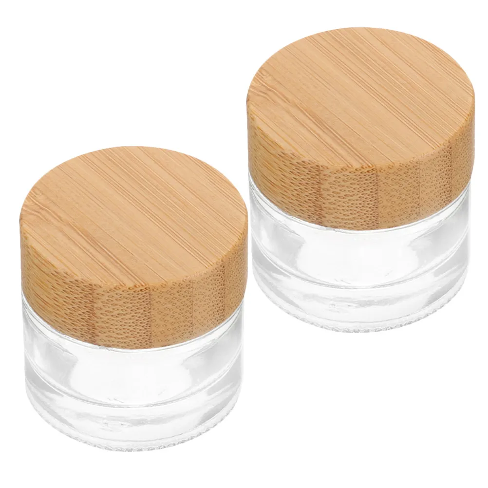 

2Pcs Glass Jar Wood Lid Refillable Cream Container Empty Sample Makeup Lotion Eye Cream Travel Storage