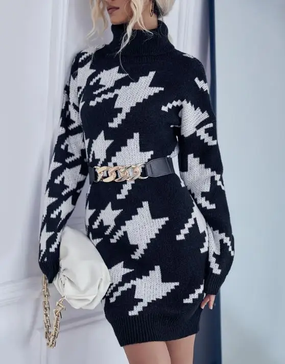 

Winter New High Neck Geometric Embroidery Jacquard Long Sleeved Knitted Dress for Women's Casual Loose Warm Sweater Dress