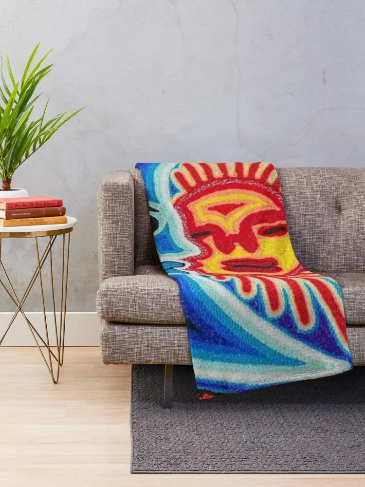 Mexican Sun Crescent Moon Colorful Huichol | Mexican Blanket Design | Large Cozy King Size | Vintage Folk Art - Throw Blanket