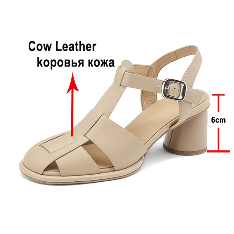 Meotina Women Genuine Leather Gladiator Sandals Round Toe Block High Heels T-Tied Buckle Ladies Fashion Casual Shoes Summer 42