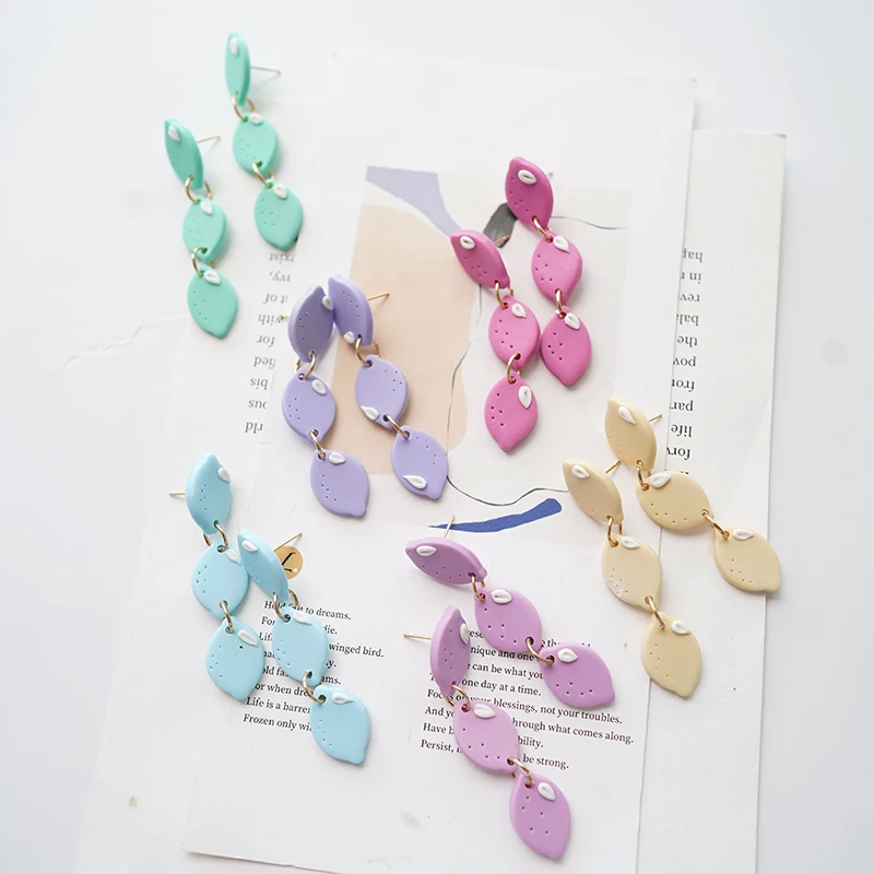 Trendy Cute Bright Multi Colors Lemon Shape Handmade Pattern Pop Light Long Dangle Polymer Clay Earring Stud Sets Jewelry Party