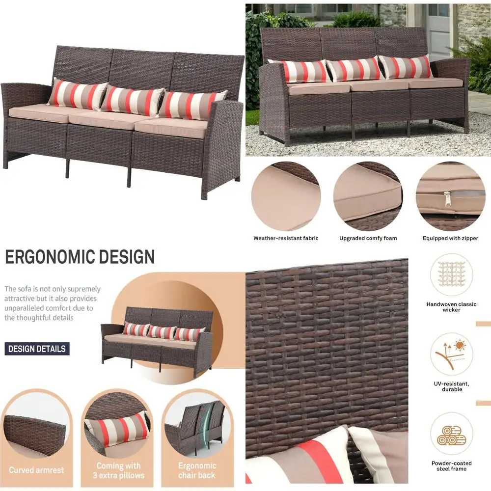 Sofá de mimbre para patio de 3 plazas con cojines beige y almohadas lumbares para espacios de vida al aire libre