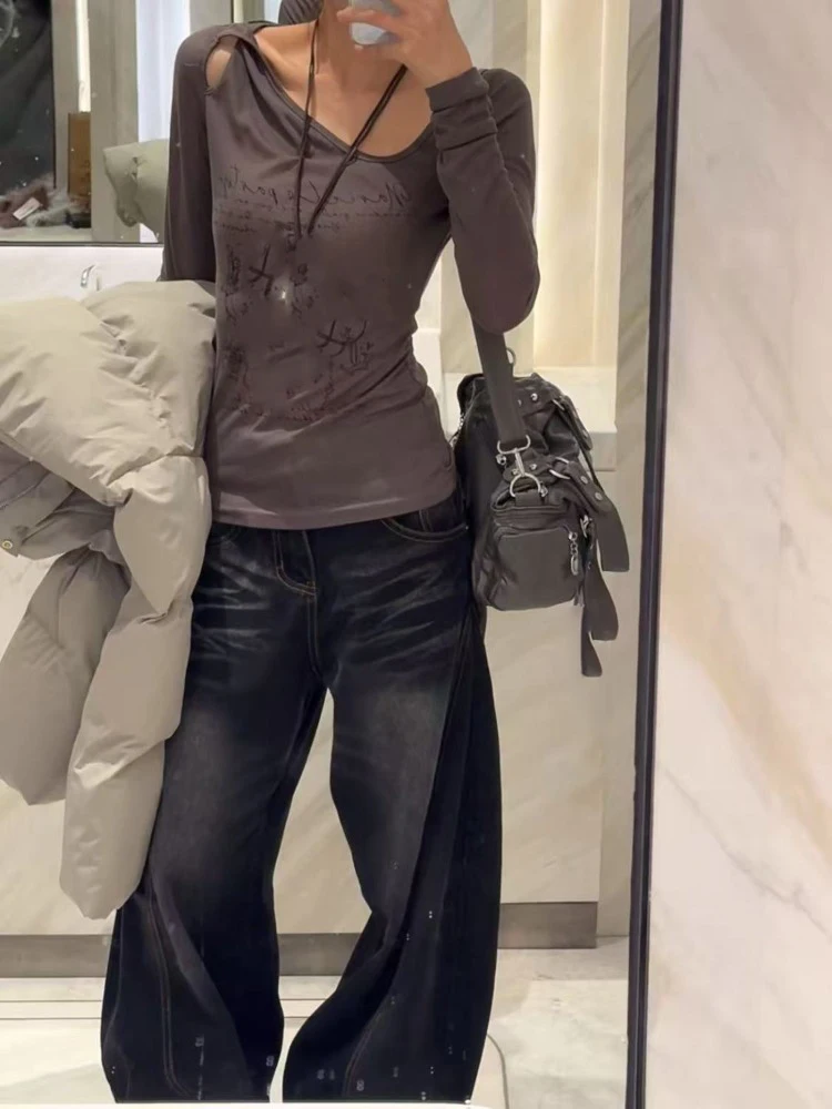 تي شيرت حريمي مفرغ بياقة مائلة مكشوفة الأكتاف وأكمام طويلة نحيفة Y2k Harajuku تي شيرت نسائي للخريف غير رسمي #2