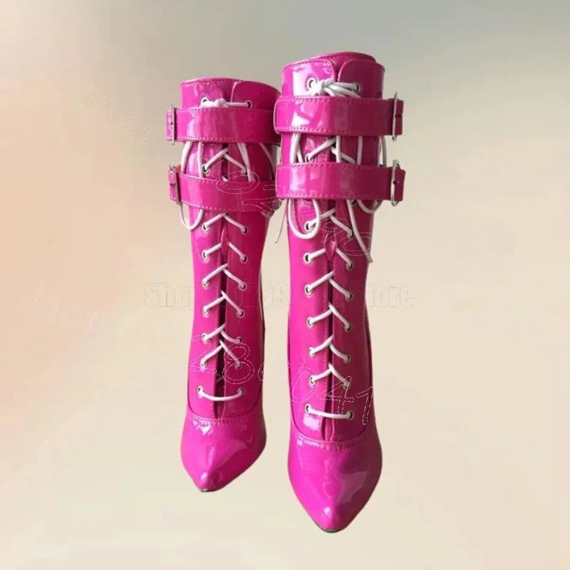

Rose Red Cross Tied Pointy Toe Buckle Ankle Boots Buckle Strap Women Shoes Thin High Heels Party Dating 2025 Zapatos Para Mujere