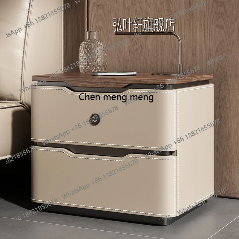 Saddle leather smart bedside table new solid wood medium and ancient style modern simplicity and high senseH