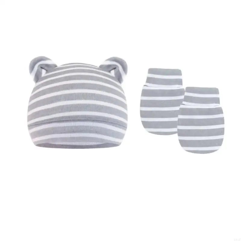 

581F Cotton Gloves Infant Hat Set Scratch Mittens Breathable Warm Baby Bonnet