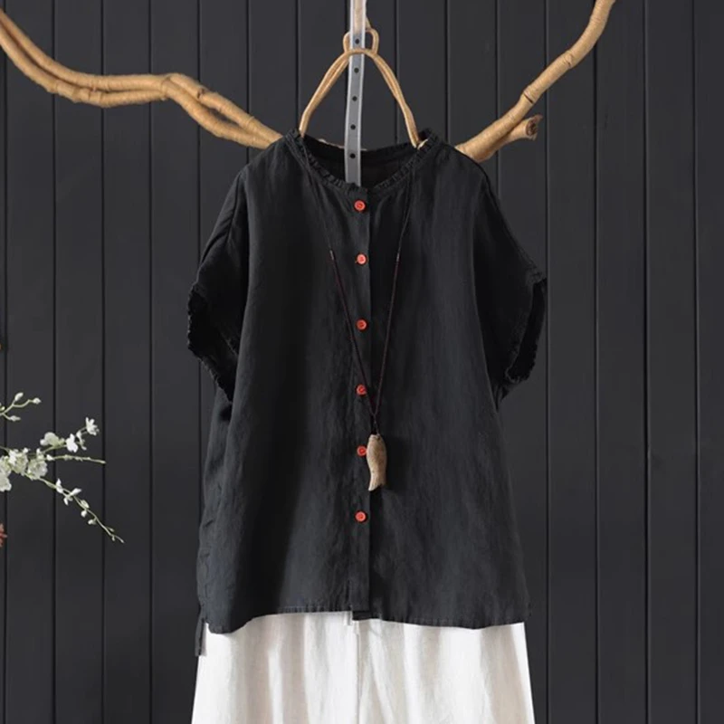 100% leinen Frauen Casual Shirts Neue Ankunft 2025 Sommer Vintage Stil Einfarbig Lose Weibliche Kurzarm Tops Shirts M1776