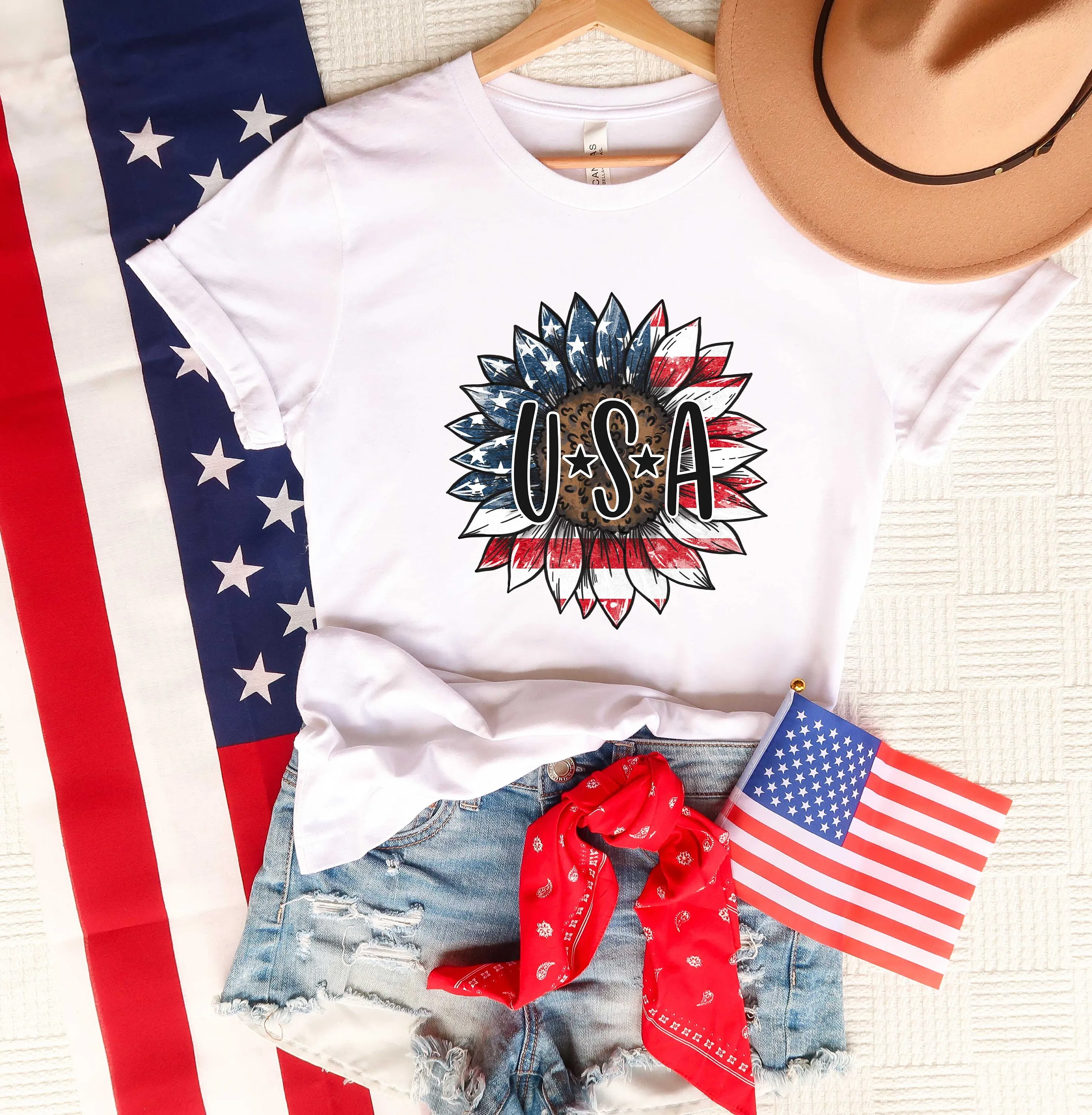 4Th Of July Sunflower T Shirt American Women America Independence Day Memorial