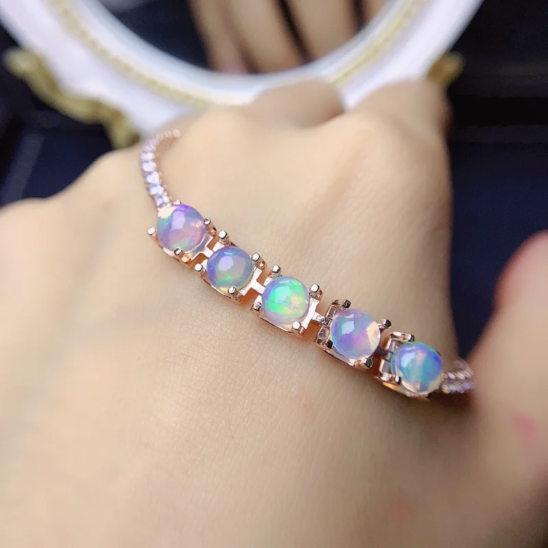 

Natural Opal Bracelet 925 Sterling Silver 6*6MM Round Gemstones for Women Anniversary Gift Fine Jewelry