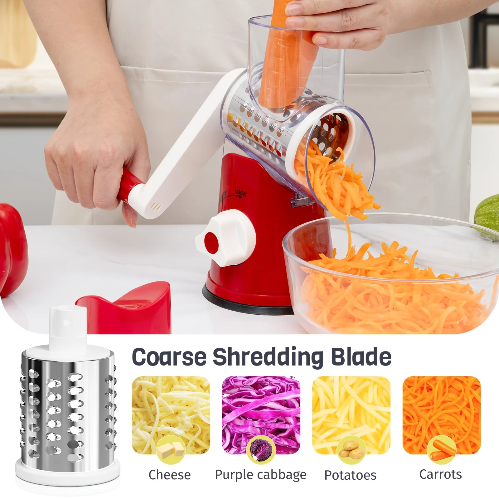 Râpe à fromage rotative 3 en 1, acier inoxydable avec 3 lames et base à forte aspiration, lave-vaisselle, pour légumes, noix