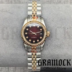 Gramock 26mm Women's Silver Mechanical Watch Sapphire Glass 3 Point Date Diamond Pink Mother Pearl NH05 Automatic 100mWaterproof