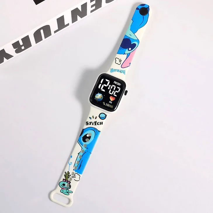 Fashion Hello Kitty Cartoon Printed Button LED Electric Watch Girls Teenager Personality Stitch Printed Square Children Watch 