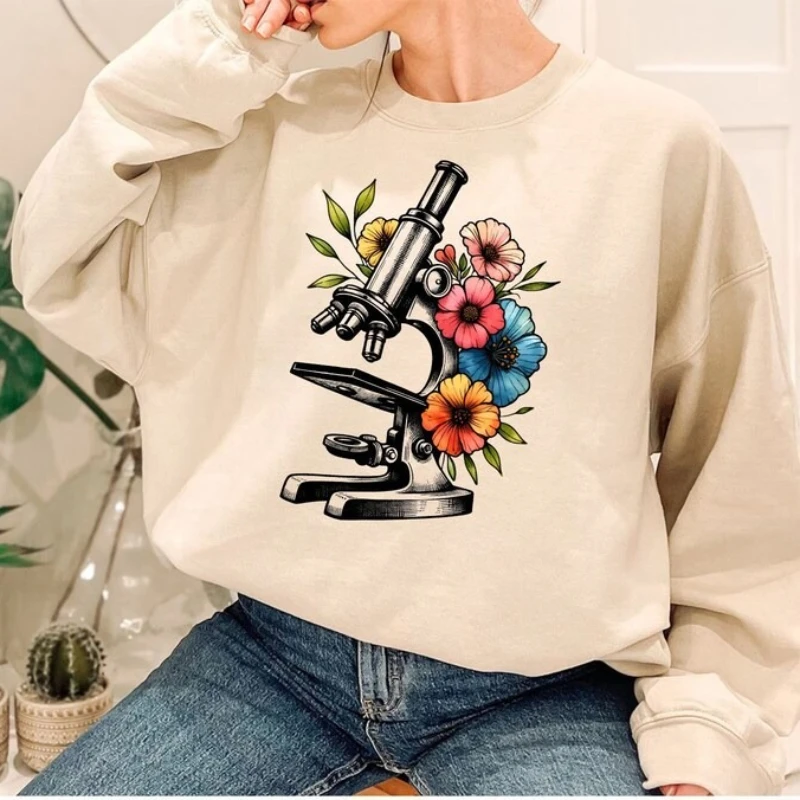Floral Microscope Sweatshirt Biology Hoodie Science Teacher Gift  Lab Tech Autumn and Winter Hoody Microbiology Keep Warm Tops