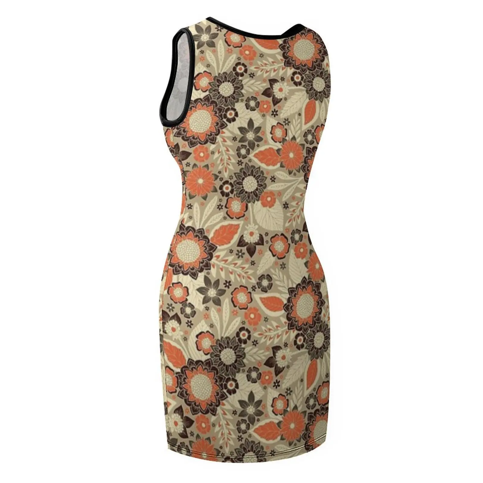 Retro Orange, Brown & Cream 1970s Floral Pattern Sleeveless Sundress Women's clothing Women's evening dress