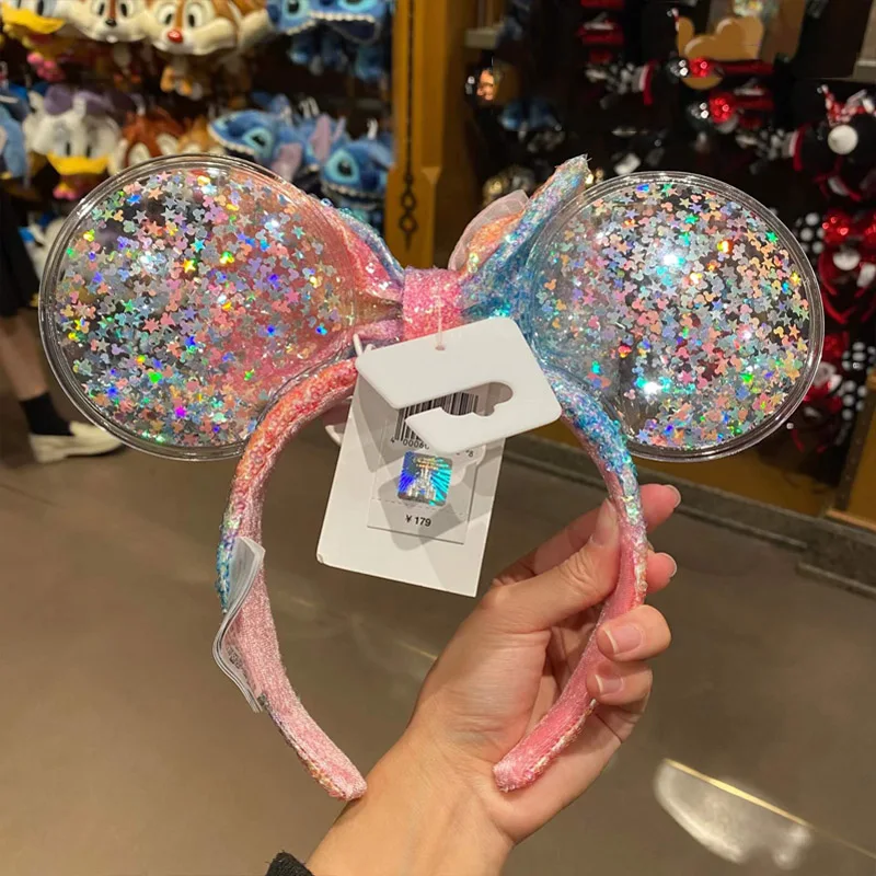 Disney 50th Anniversary Headband Shanghai Disneyland Gradual Change Rainbow Minnie Bowknot Sequins Ear Hairband Hair Headband