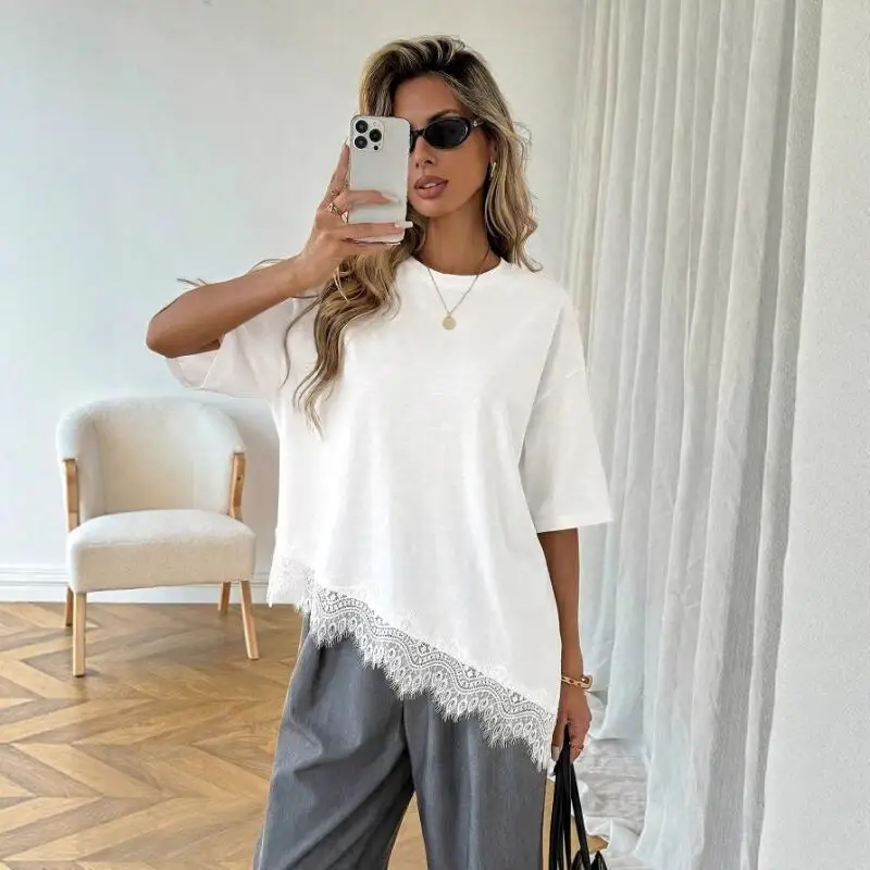 2026 Spring/summer New Women Fashion Cross Border Lace Splicing Small Shirt Design Sense Niche Unique Short Sleeve Tshirt Tops