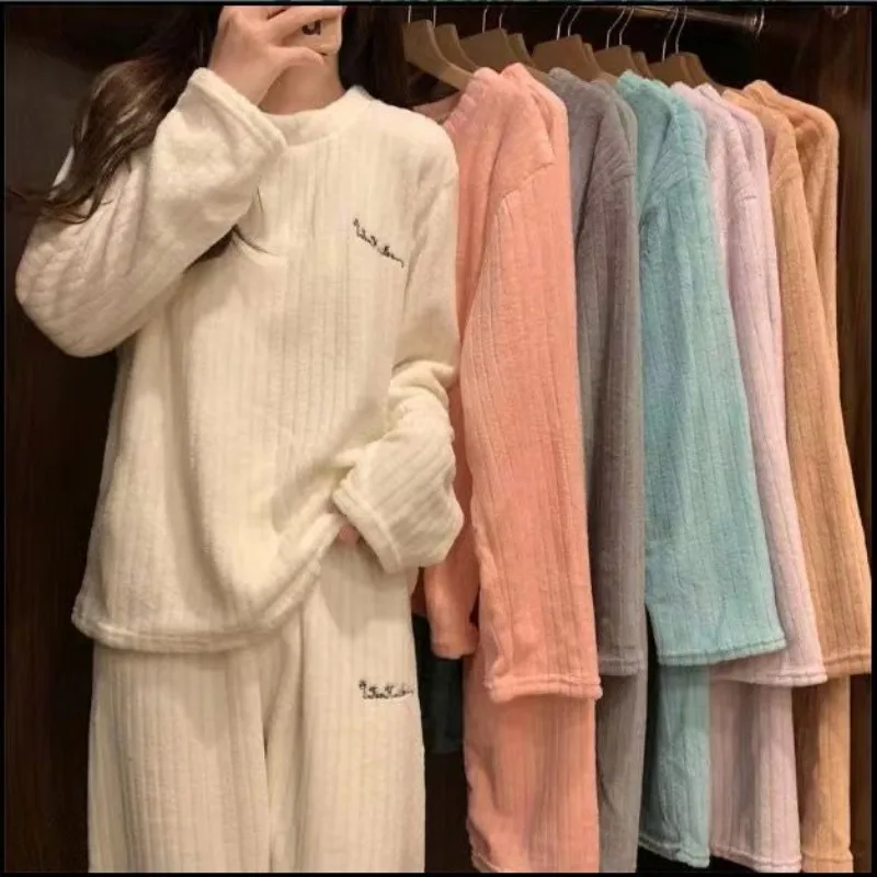 Autumn Winter Women Thicken Coral Fleece Pajamas Set Solid Warm 2 Piece Sets Pullover Pants Casual Long Sleeve Home Service Suit