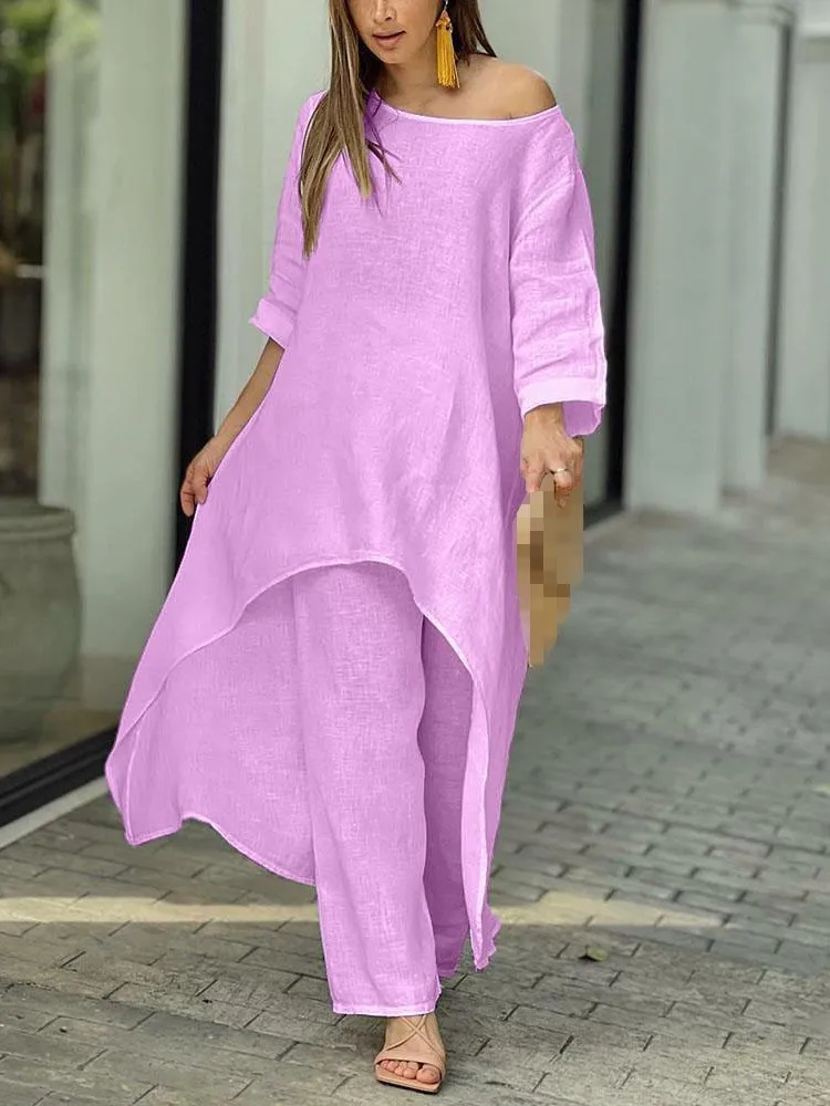 Women\'s Cotton Linen Fashionable Casual Irregular Long-sleeved Suit New Summer Wide-leg Suit For Women 2 Pieces