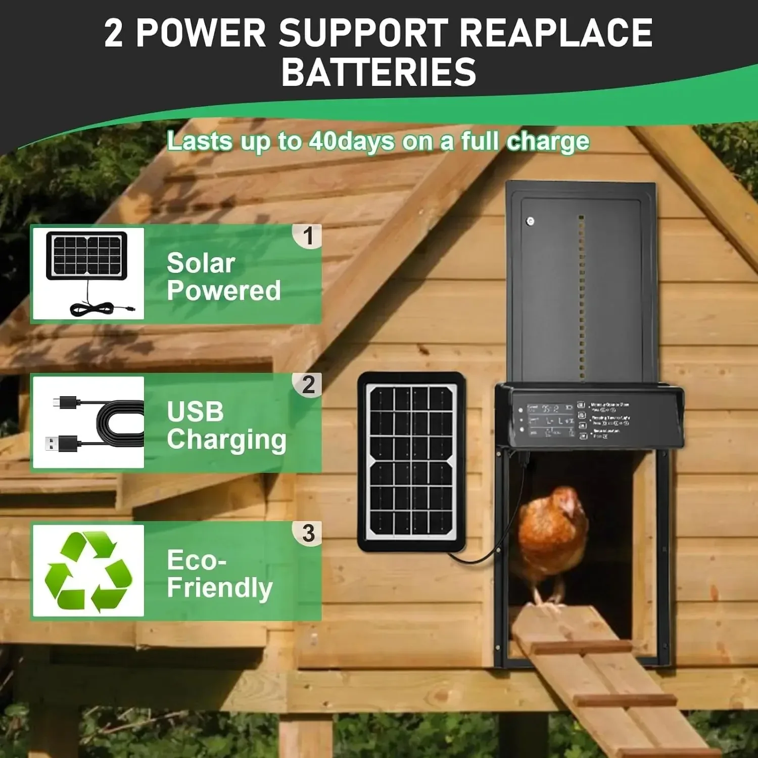Automatic Solar Powered Chicken Coop Door Auto Chicken Door 4 Modes with Timer Light Sensor USB Charging