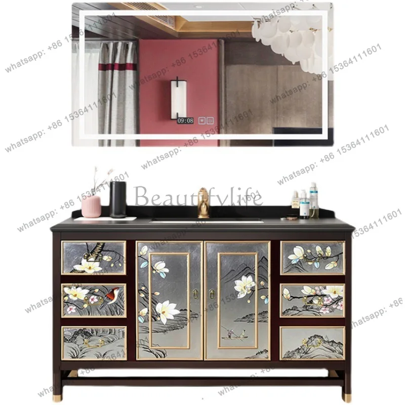New Chinese bathroom cabinet combination solid wood floor-to-ceiling washbasin