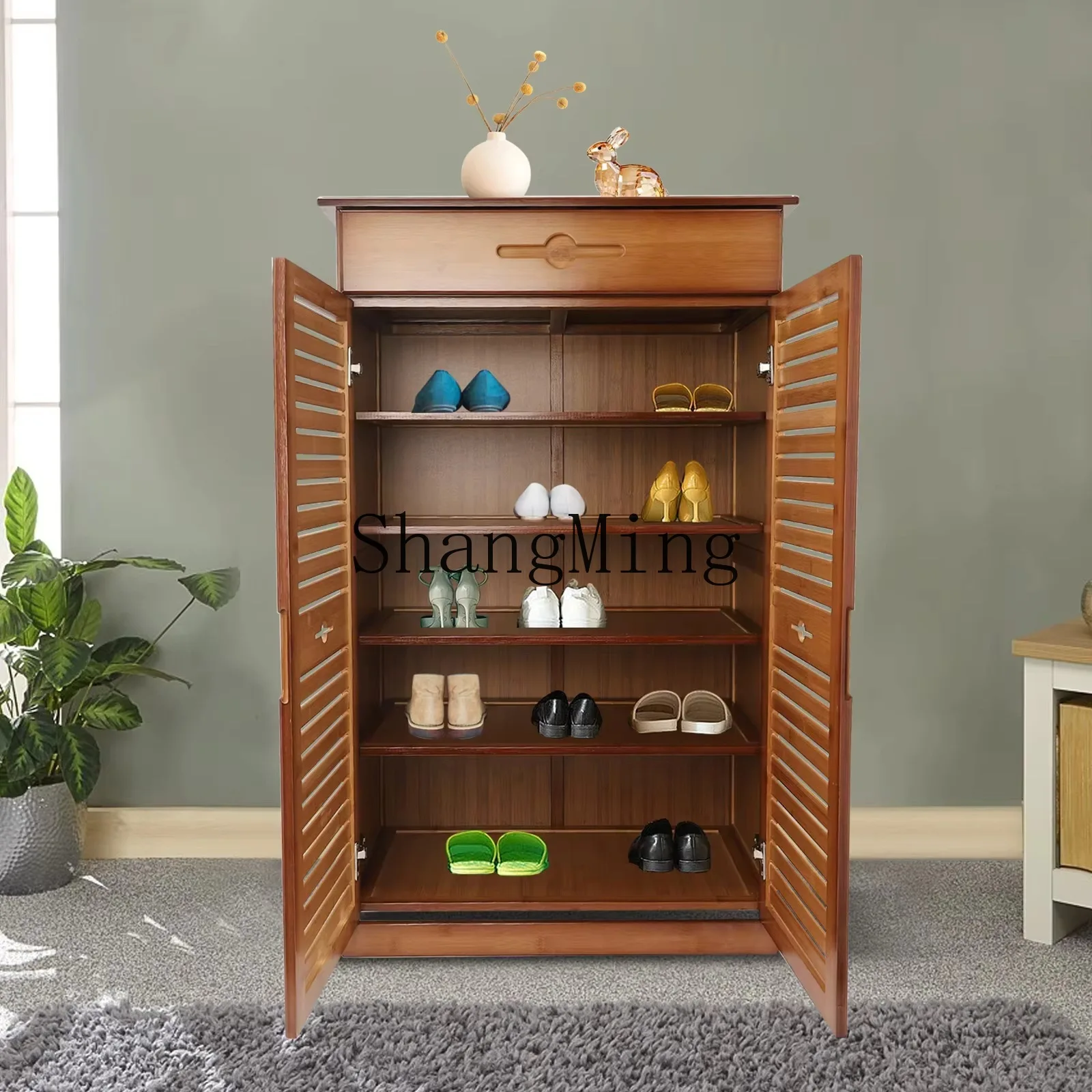 ZYY Premium Exquisite Bamboo Locker Vintage Brown Shoe Rack for