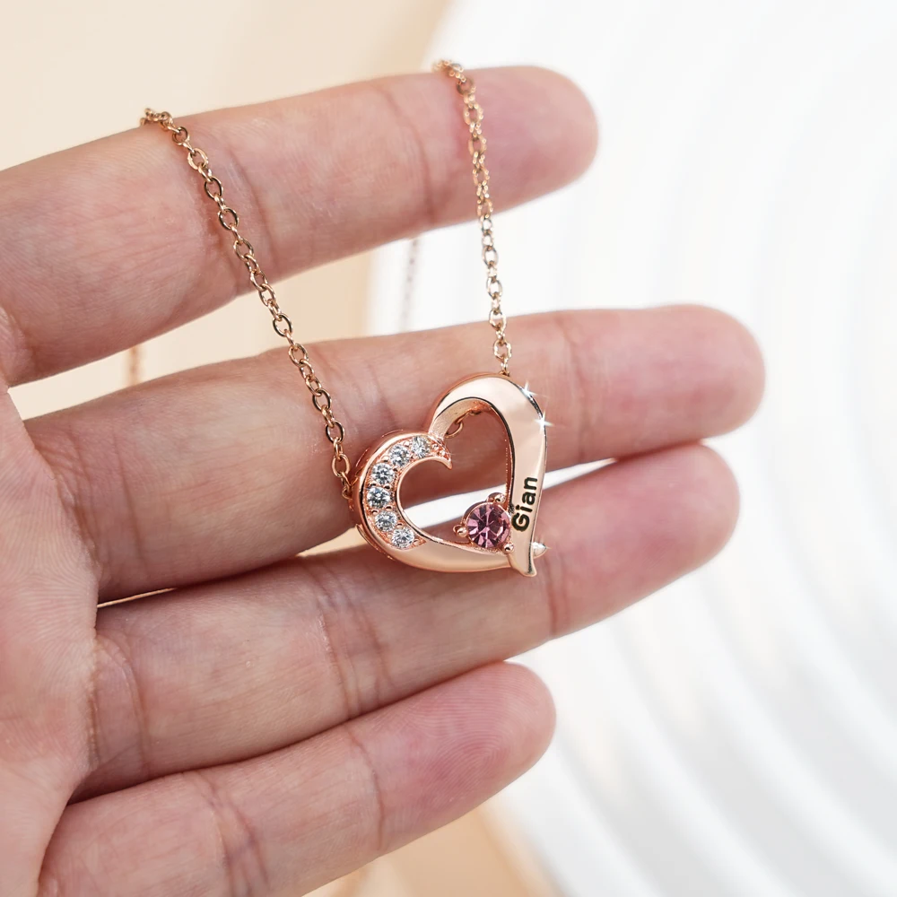 أسماء مخصصة القلب قلادة قلادة مع حجر الميلاد حجر الولادة قلادة مجوهرات شخصية هدية هدية عيد الأم #3