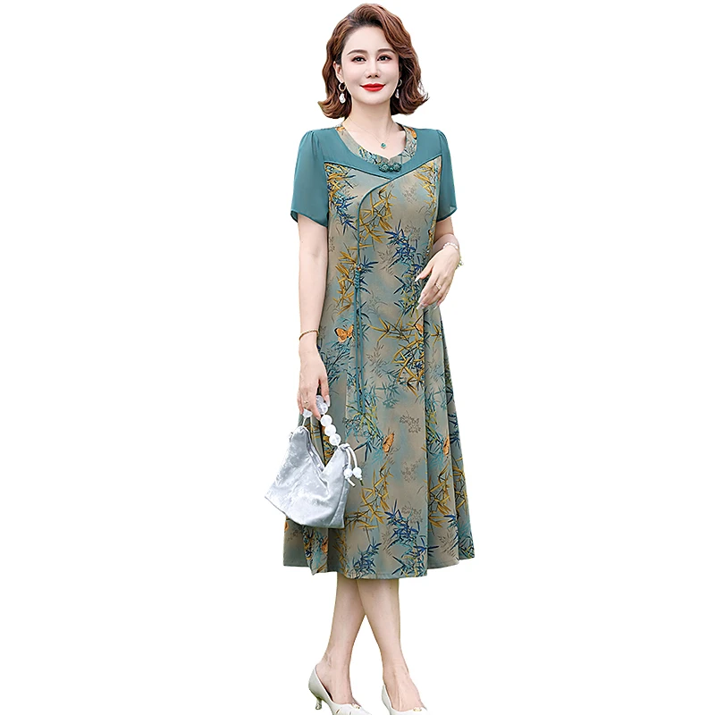 Retro Female Floral Silk Midi Dres Spring Summer Elegant Chiffon Splice Dress Vintage Casual Party Dresses Knee Long Robe