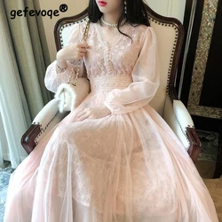 Women's Vintage Sheer Mesh Lace Patchwork Elegant Fairy Sweet Party Dresses Fashion V Neck Long Sleeve Slim Midi Dress Vestidos