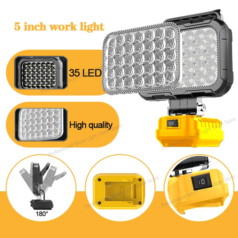 Lampada da lavoro portatile a LED 48W compatibile con batteria al litio Dewalt 18V per XR con torcia esterna USB 5400 lumen da 5 pollici