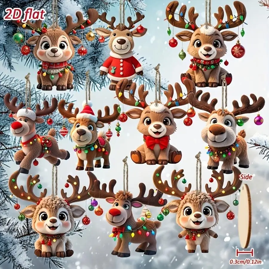 1/5/10/20/50/100pcs 2D Flat - 10-piece set of wooden moose Christmas ornaments, Christmas ornament set, 2D Flat wooden ornaments