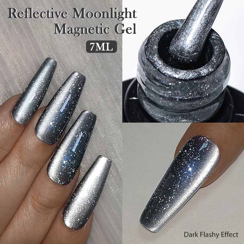 Mtssii 7ML Silver Reflective Moonlight Cat Magnetic Gel Nail Polish Sparkling Glitter Vanish Semi Permanent for Manicure