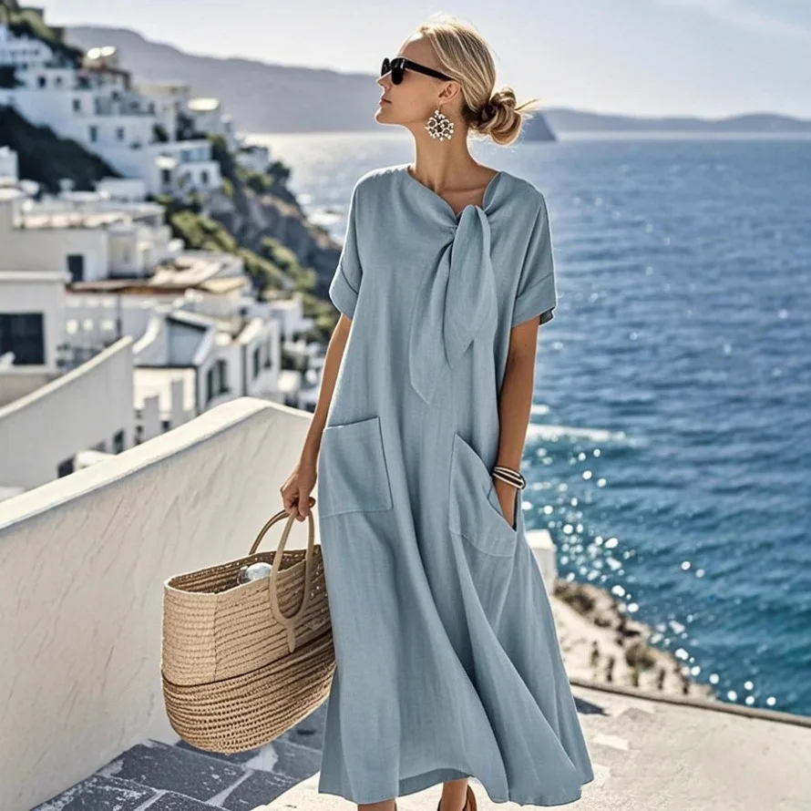 

Casual Loose Dress For Women Summer New Fashion Solid Color Irregular Lace Up Short Sleeves Short Sleeve Big Hem Long Dresses
