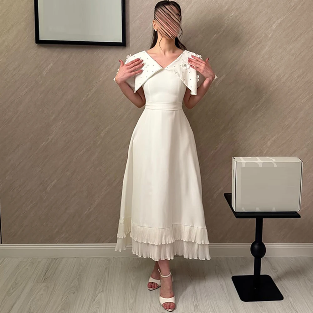 

Elegant V-Neck Jersey Evening Dress Classic Crystal Flowers Prom Dresses Fashion Ruffles Customized Special Occasion Gowns