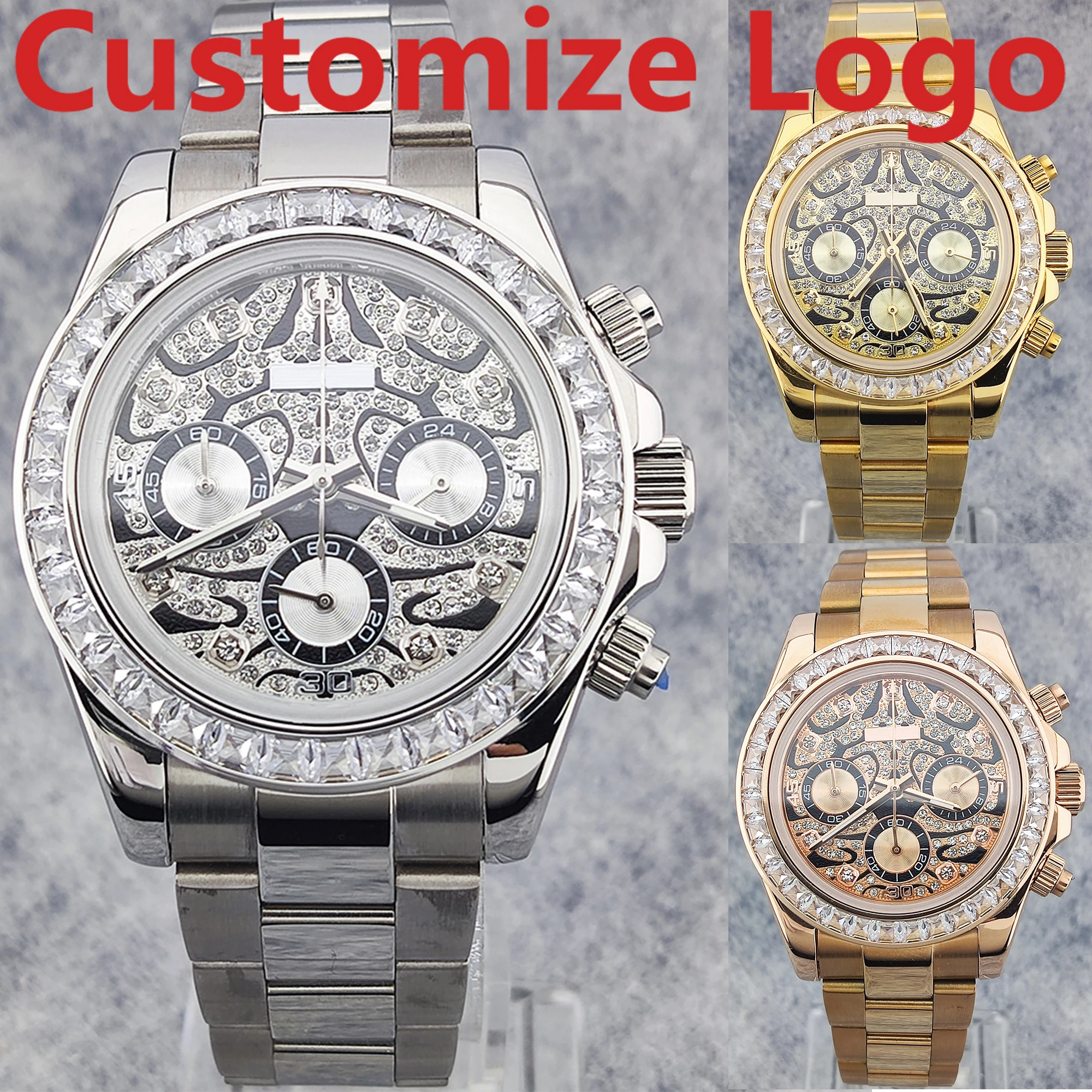 Customize Logo 42mm New Tiger Diamond Men\'s Quartz Watch VK63 Movement 6 Needle Chronograph High-Quality Stainless Steel