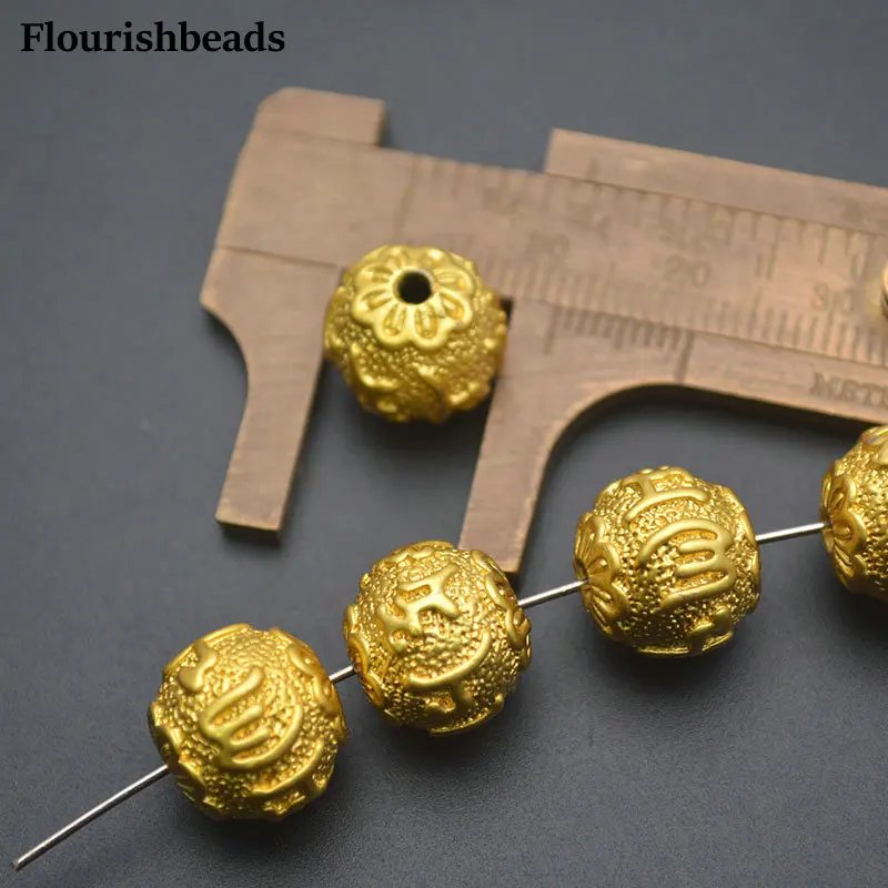 30pc Dark Gold Color Carved Buddhist Spells Words 12mm Flower Metal Round Beads Jewelry Findings