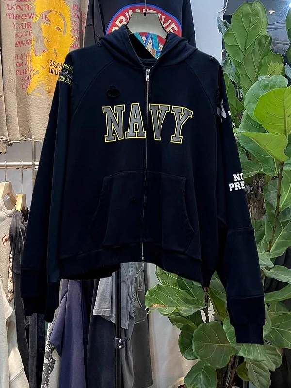 

Ретро-худи с американским буквенным принтом и вышитым логотипом, модная толстовка на молнии с капюшоном, верхняя одежда для молодых мужчин и женщин