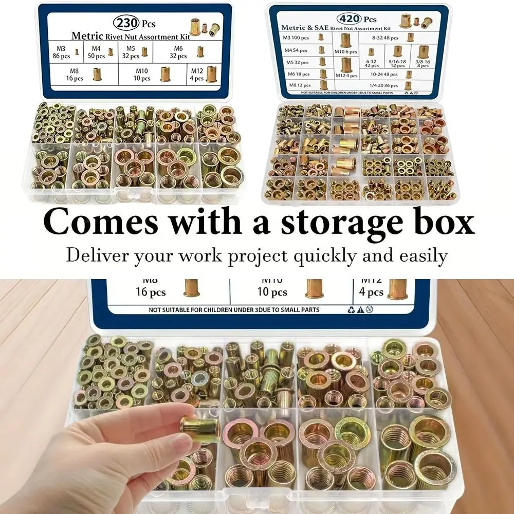 Carbon Steel Rivet Nut Zinc Plated M3-M12 Threaded Insert Tool Rustproof Manual Rivet Nut Assortment Kit Repair Accessory