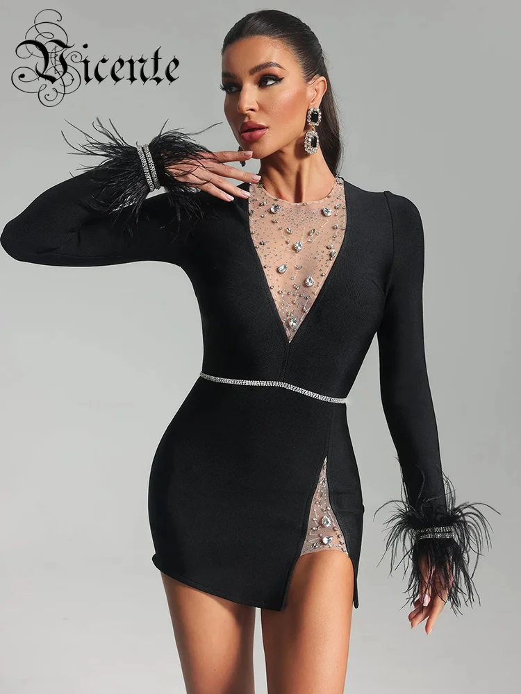 VC Short Dresses For Women Long Sleeves Feather Luxury Rhinestone Mesh Patchwork Black Bandage Mini Dress 2024