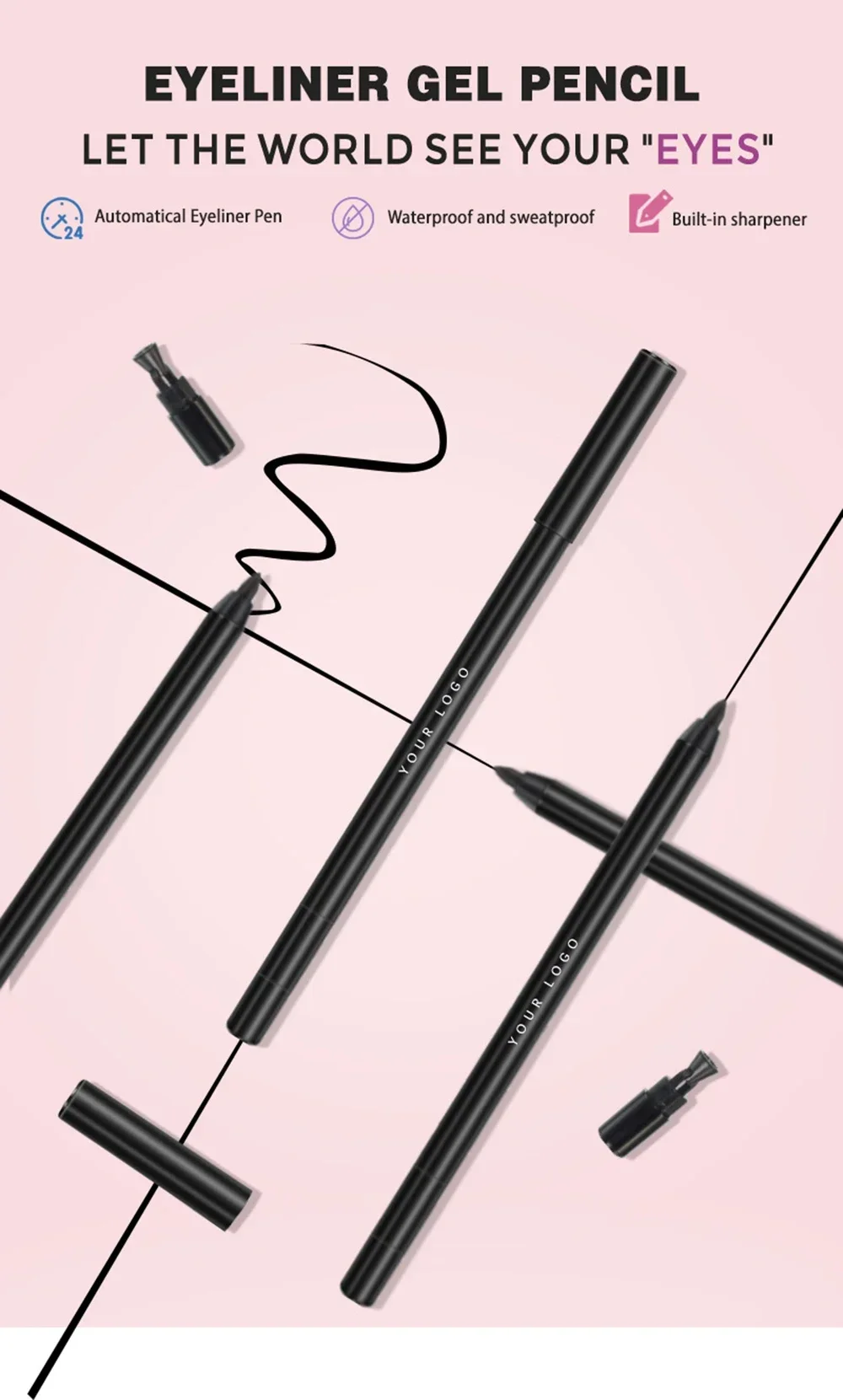 Private Label Eyeliner met puntenslijper Aangepast logo Langdurig Gemakkelijk aan te brengen Transpiratie Gelpotlood Make-up Groothandel