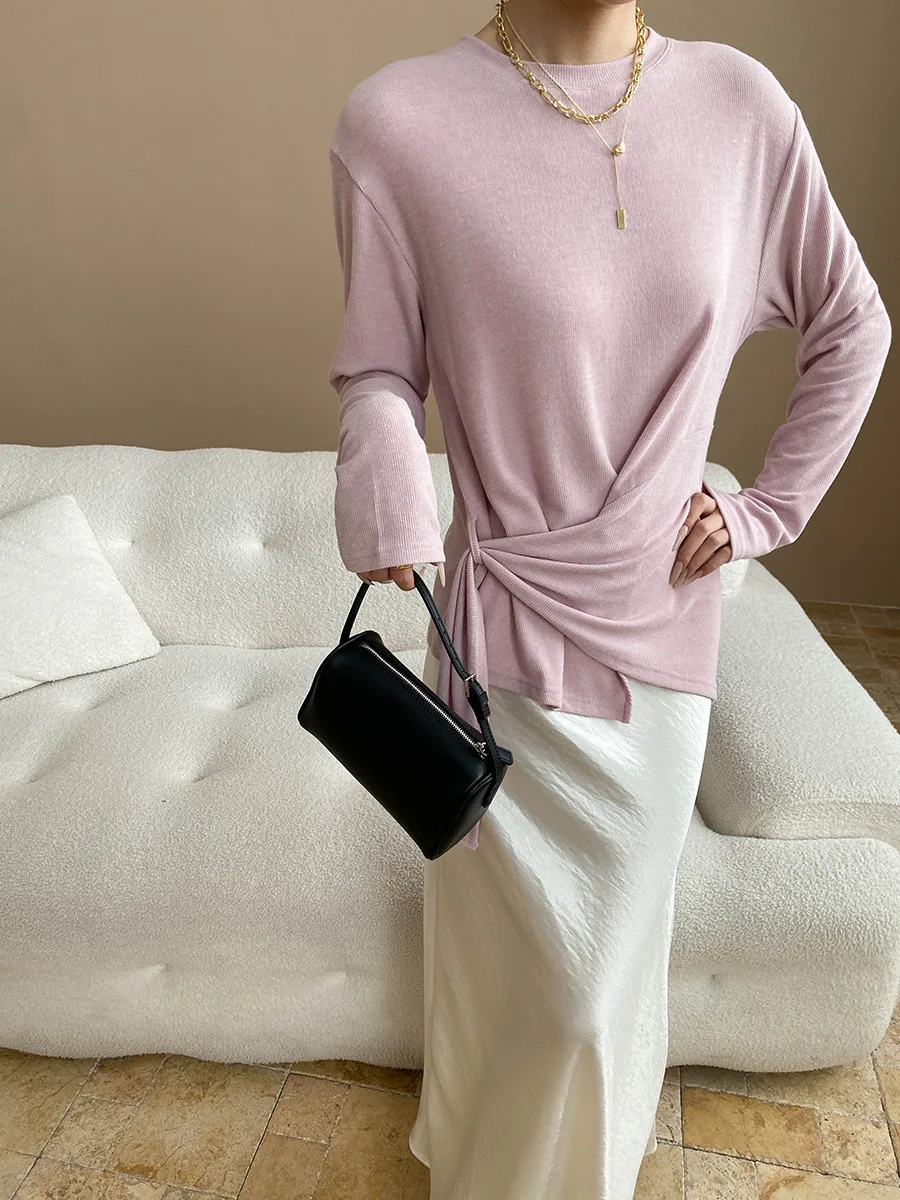

Irregular strap design versatile round neck loose long sleeved T-shirt