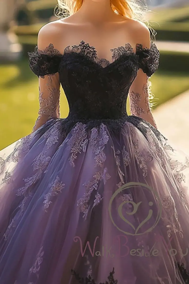 Off Shoulder Long Sleeves Prom Dress Purple Lace Black Appliques Sweetheart Evening Gowns Formal Party Women Gown Custom Made