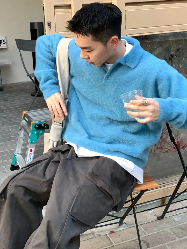 

Water Blue Men's Knitted Wool Sweater Fake Fur Lazy Sle High-End Feeling irt Copper Sulfate Outfit Collar Coat