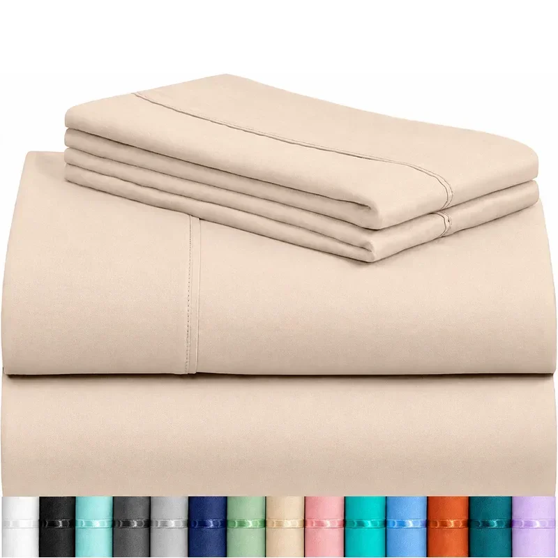 3/4Pcs Luxury Brushed Polyester Bed Sheet Set, All‑Season Bedding Warm in Winter Breathable in Summer, Wrinkle Resistant, Deep Pocket Fits 6‑16 Inch Mattress, Envelope‑Style Pillowcases, Machine Washable for Bedroom Guest Room Dorm Hotel