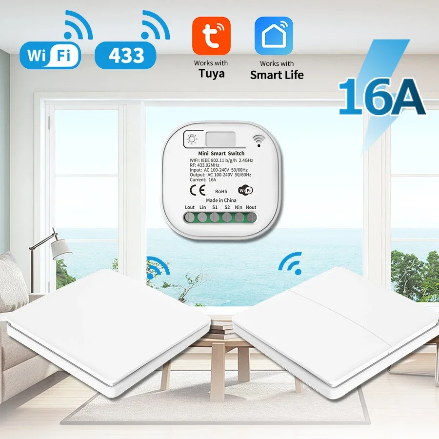 

Tuya WiFi Smart Wireless Switch 16A 433MHz Self Powered No Battery Needed Wall Switch Voice Control Works With Alexa Google Home