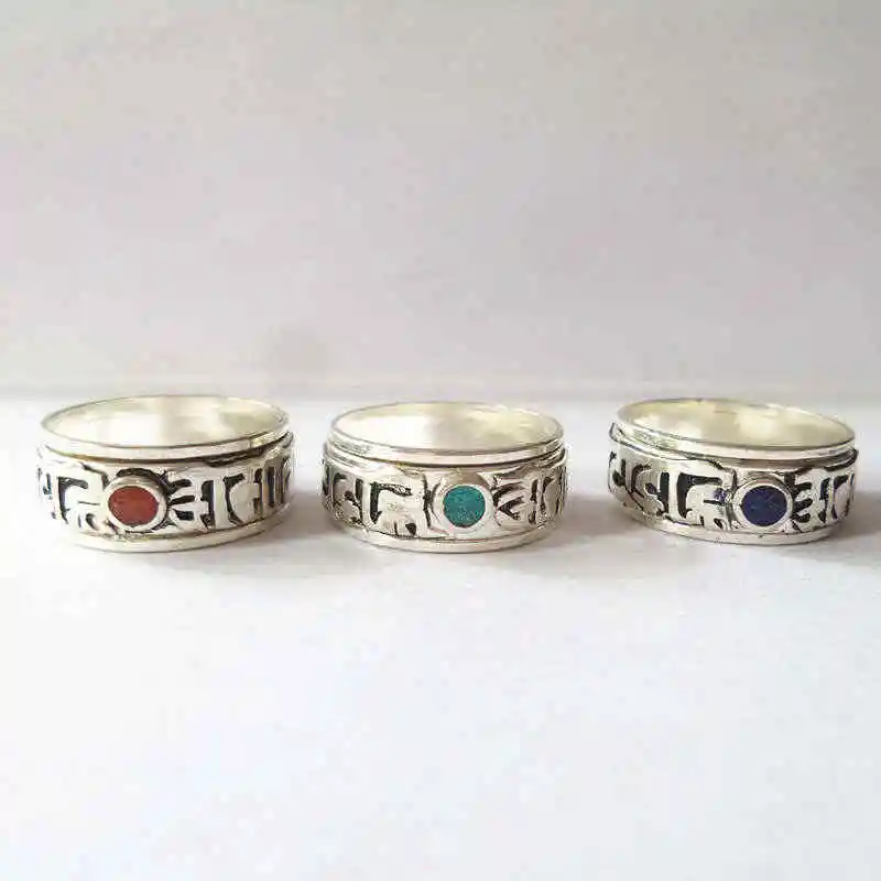 Tibetan Six Words Mantras Amulet Spin Lucky Rings White Metal Copper Ring OM MA NI PAD ME HUM R112