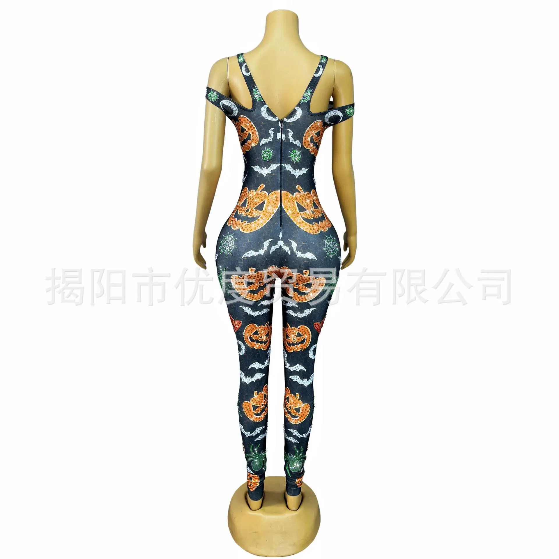 Halloween Skull Jumpsuit Rhinestone Sleeveless One-piece Cosplay Dance Costume Pumpkin Head Evening Dresses Woman Elegant Luxury
