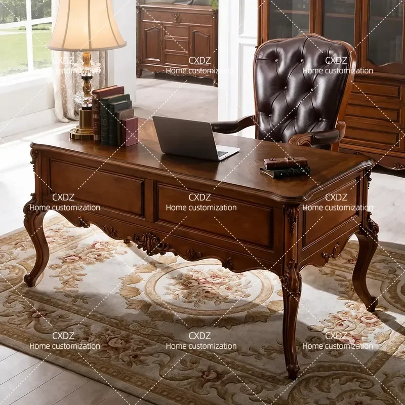 All Solid Wood Desk Home Study Office Computer Table European Retro Writing Desk Engraved Boss Table for Calligraphy Practice