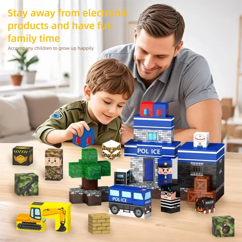 اللبنات المغناطيسية مشهد شرطة المدينة هدية عيد الميلاد الشخصيات العسكرية الألغام طفل لغز DIY بناء لعبة تعليمية الهدايا