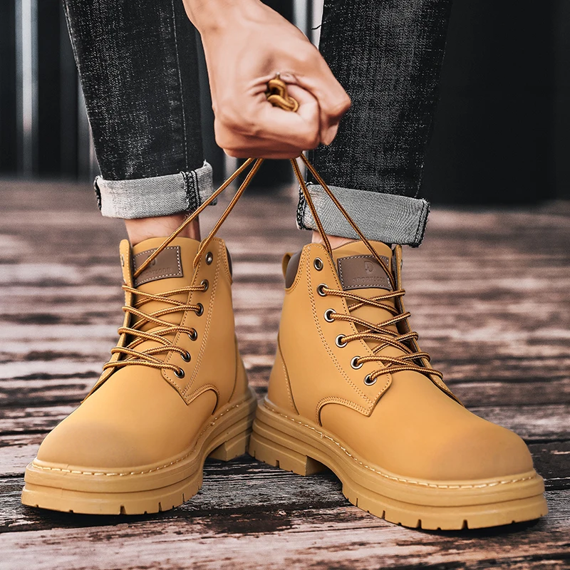 Men Retro Work Shoes Autumn Winter Thick Bottom High Top Non Slip Warm Casual Boots Leather Lace-up Big Head Tooling Boots 2024