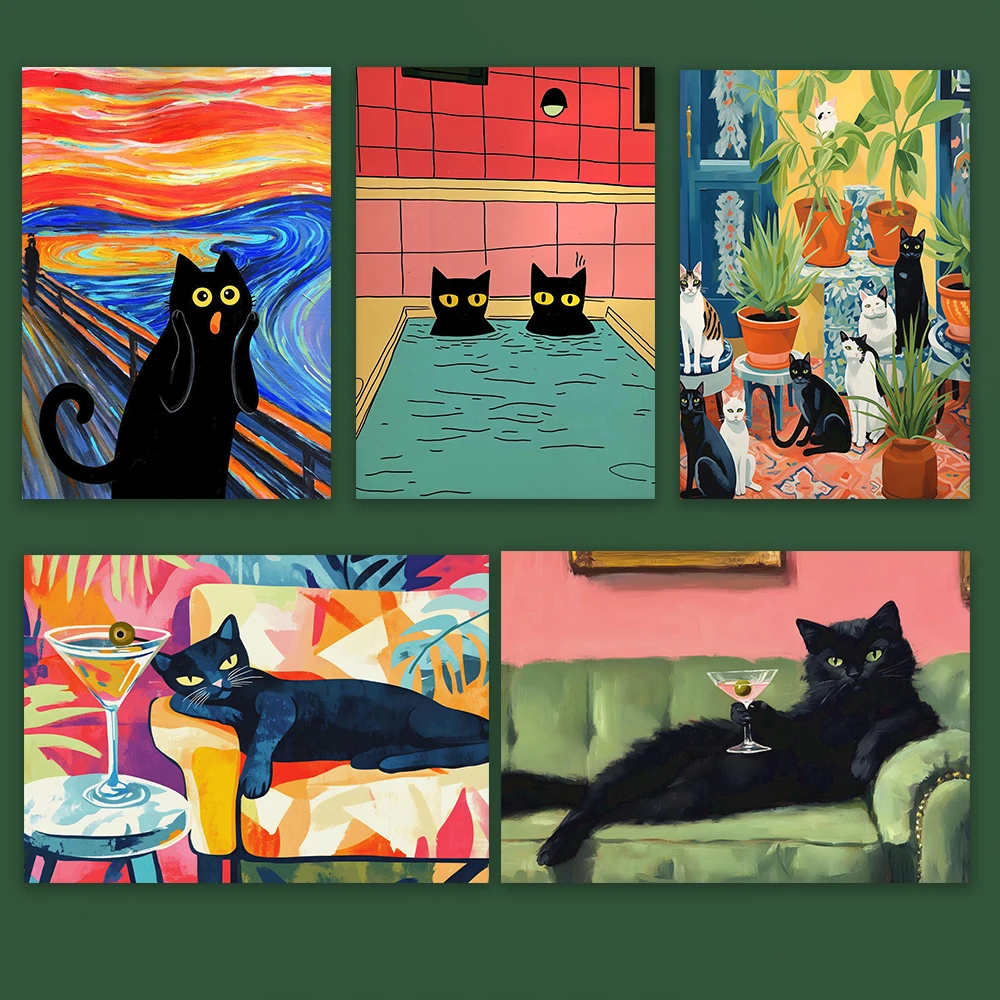 

Retro Black Cat Wall Print Cocktail Bar Cart Decor Maximalist Art Colorful Bar Decor Vintage Black Cat Print Eclectic Cute Cat